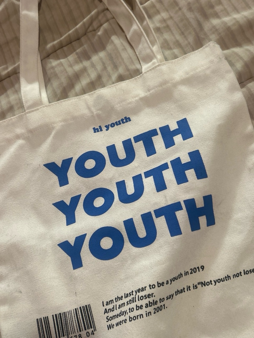 SHEIN White Canvas Tote with Blue 'YOUTH' Graphic